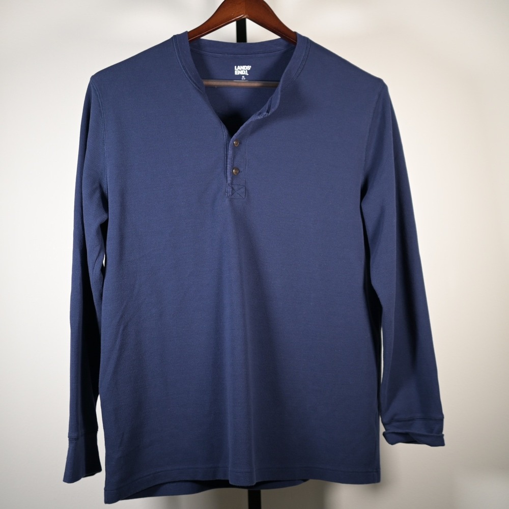 Lands End Mens XL Navy Blue Long Sleeve‎ Thermal Waffle Knit Henley Shirt